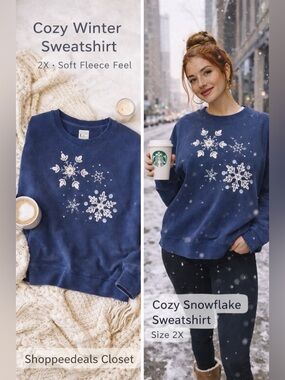 Field Gear FG Woman Snowflake Graphic Sweatshirt 2X Cozy Winter Blue Pullover